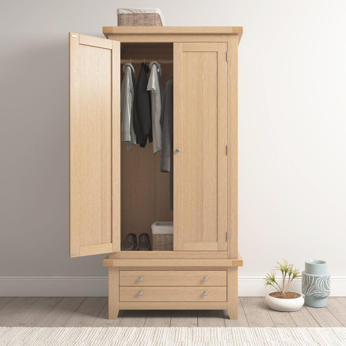 Windsor 2 Door 1 Drawer Wardrobe – Natural Oak with Internal Shelf (WBF)