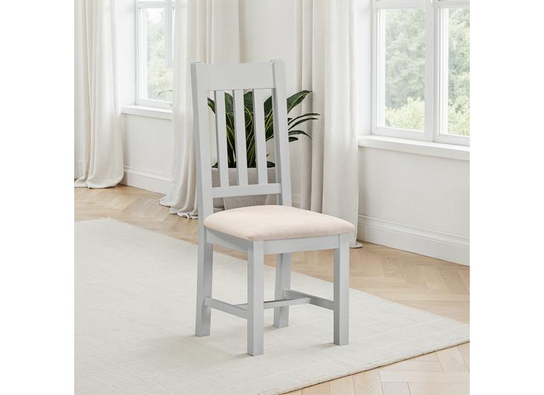Two Windsor Slatted Dining Chairs – Pebble Grey With Oat Fabric Seat (WBF)