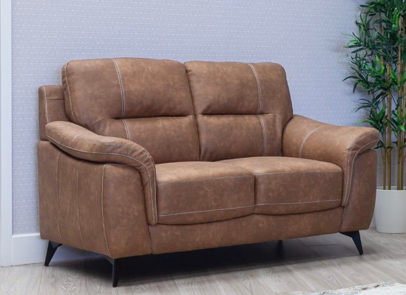 Abbie Fabric 3+2 Seat Sofa Group With Contrast Stitch Upholstery – Modern Compact Sofa Group In Saddle Brown