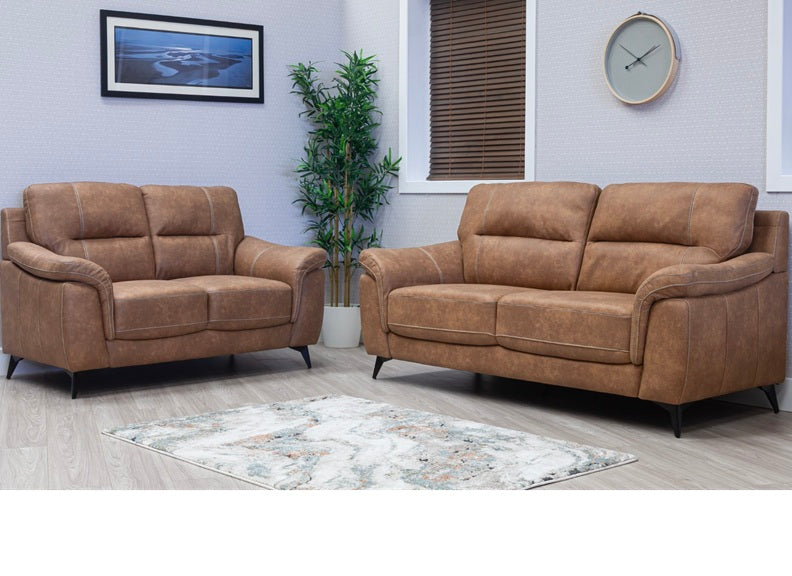 Abbie Fabric 3+2 Seat Sofa Group With Contrast Stitch Upholstery – Modern Compact Sofa Group In Saddle Brown