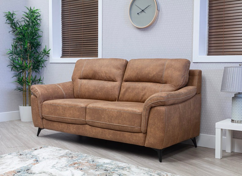 Abbie Fabric Three Seat Sofa with Contrast Stitch Upholstery – Modern Compact Sofa in Saddle Brown