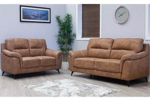 Abbie Fabric 3+2 Seat Sofa Group With Contrast Stitch Upholstery – Modern Compact Sofa Group In Saddle Brown