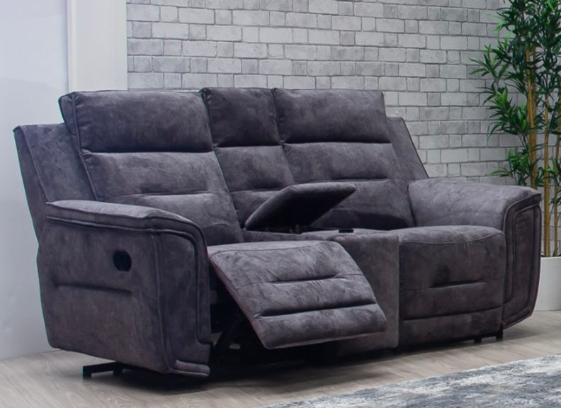 Branson Grey Fabric Reclining 2RR+RR Sofas With Optional Charging & Drinks Console – Modern Comfort Lounge Seating