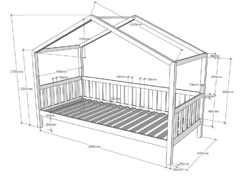 Dallas MH House Bed W/Rail - dimensions
