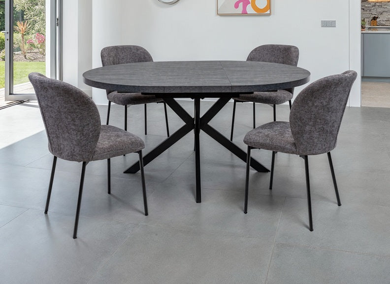 Faro Extending Dining Set - Charcoal Stone Effect Table Top With Charcoal Fabric Chairs