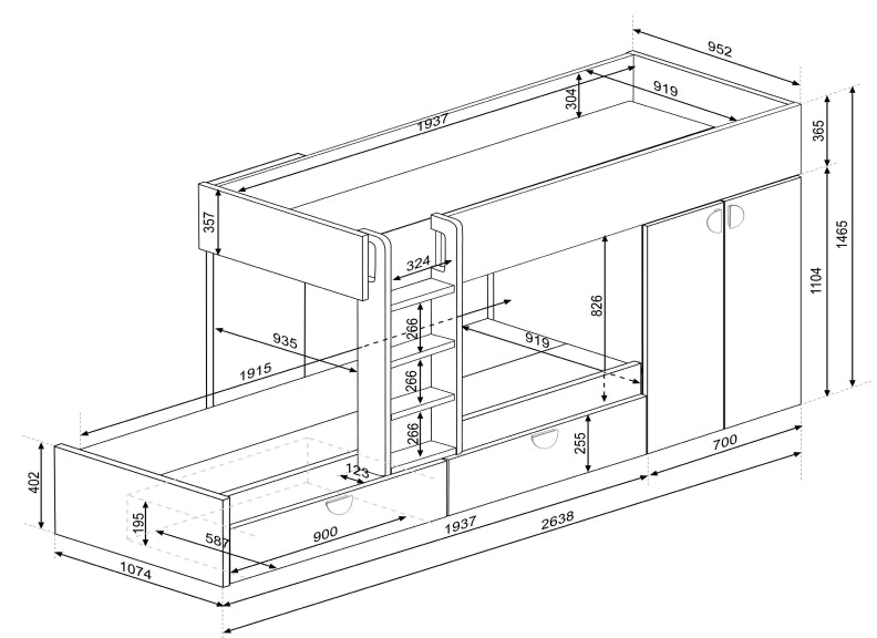 Trasman Flip Bunk Bed - dimensions