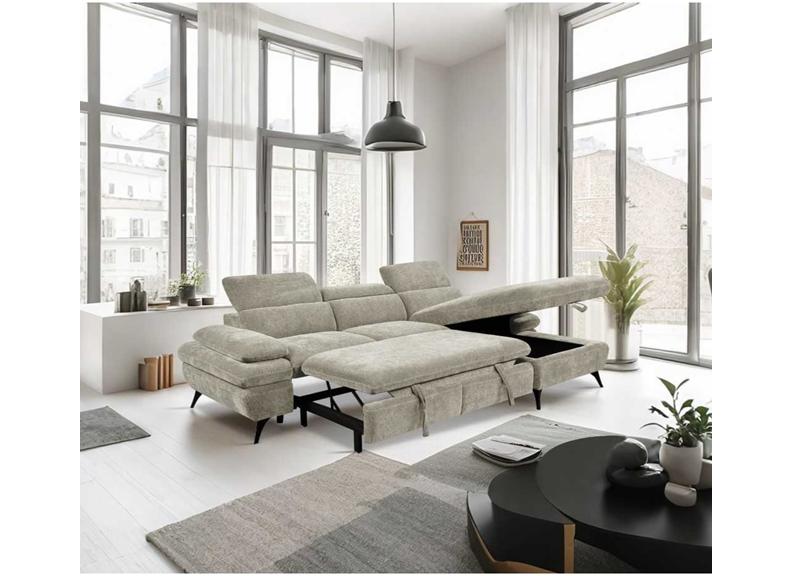 Hannah Cream Corner Sofa Bed with Storage & Adjustable Headrests – Modern L-Shaped Sleeper Couch