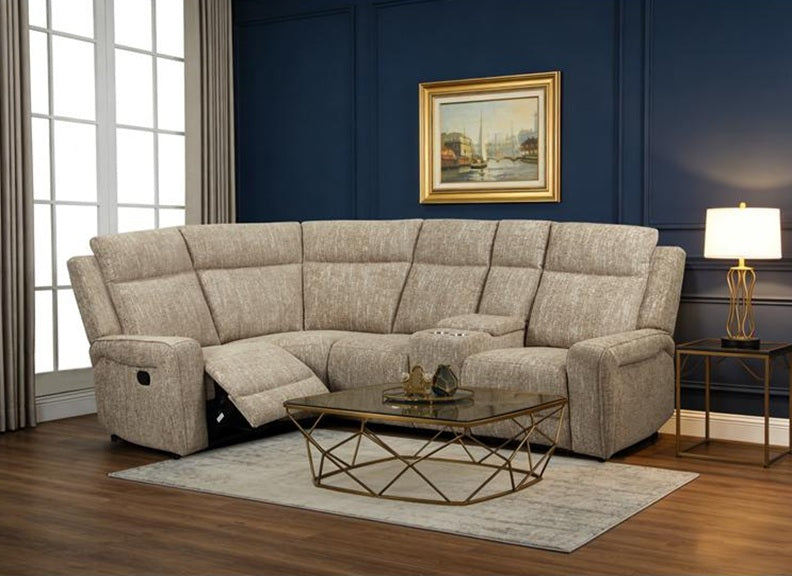 Harper Reclining Corner Sofa In A Beige Fabric – Comfortable Corner Sofa W/Drinks Holders