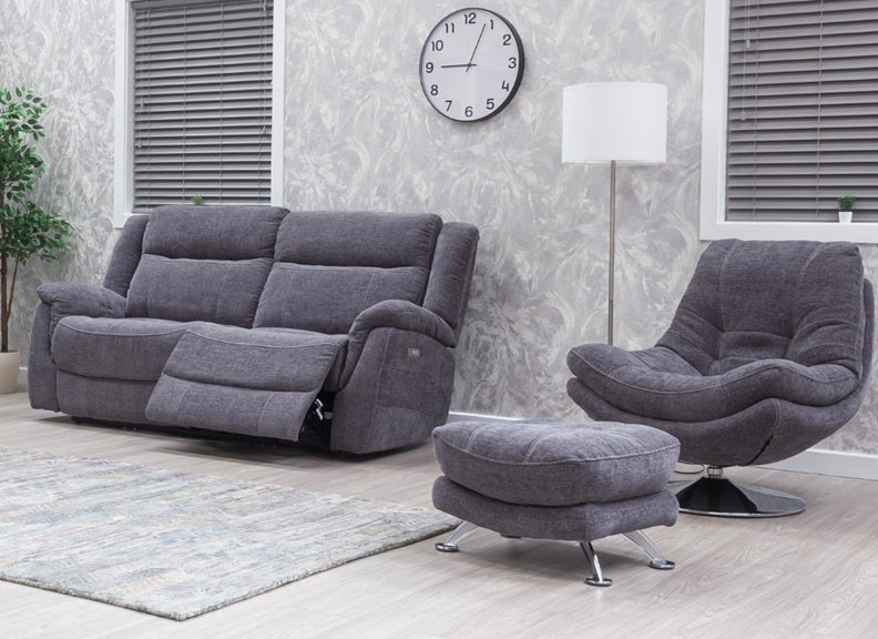 Lorenza Fabric Powered 2.5 Sofa & Axis Nature Champagne Swivel Chair W/Stool – Dark Grey