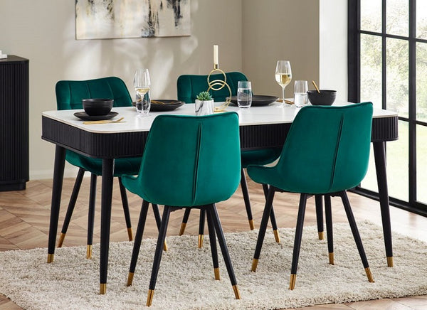Louis Black Fluted Fixed Dining Table W 4 Hadid Velvet Dining Chairs