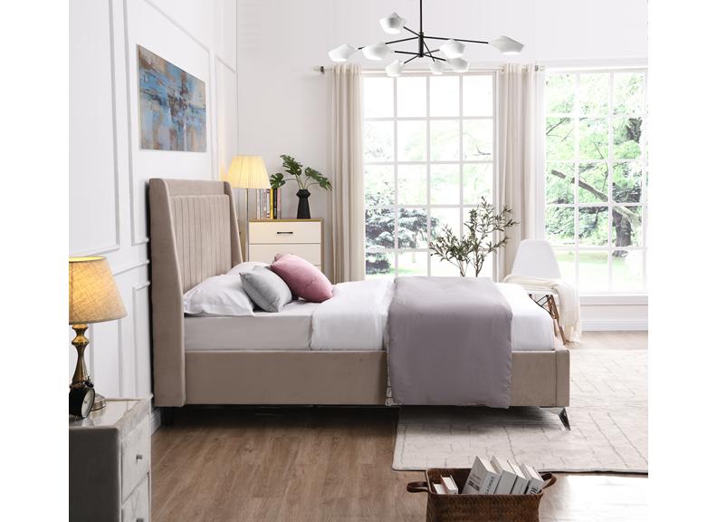 Mayo Fabric Bed Frame – Contemporary Upholstered Bed in Grey or Beige with Winged Headboard