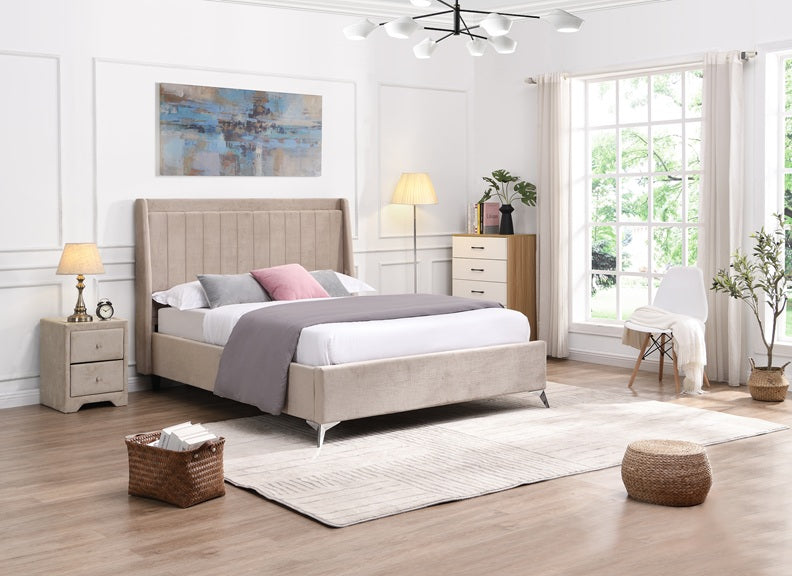 Mayo Fabric Bed Frame – Contemporary Upholstered Bed in Grey or Beige with Winged Headboard