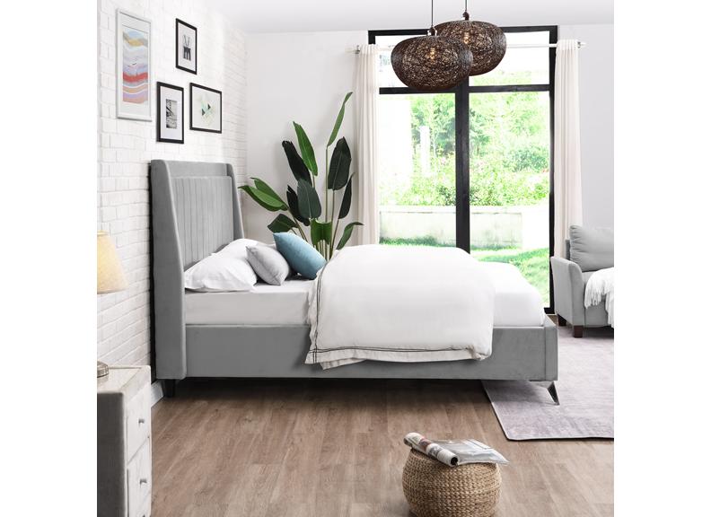 Mayo Fabric Bed Frame – Contemporary Upholstered Bed in Grey or Beige with Winged Headboard