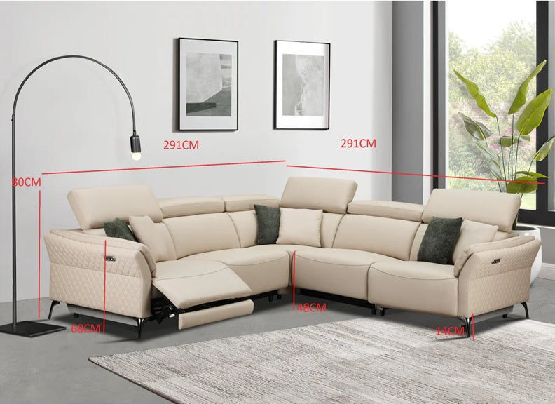 Milan Powered Corner Sofa in Cream Half-Leather with Scatter Cushions & Adjustable Headrests