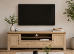 Normandy 2.18 m Media Unit | Extra Long Stand With Optional Hutch Top In A Whitewashed Finish