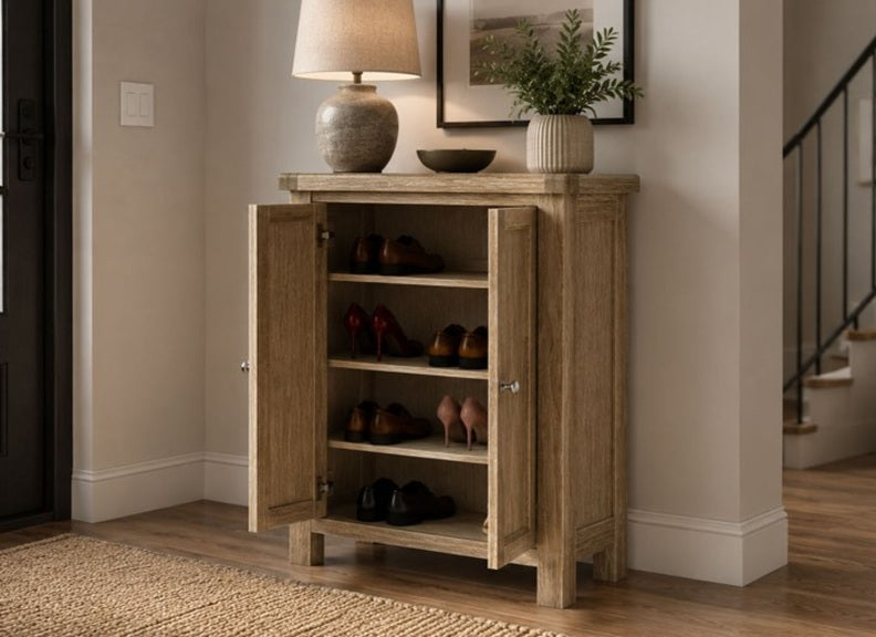 Normandy Shoe Cabinet | Whitewashed Oak Storage Cabinet
