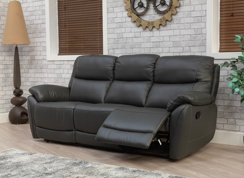 Pandora Half-Leather Manual Reclining Three Seat Sofa – Luxury Manual Recliner Sofa In Dark Grey