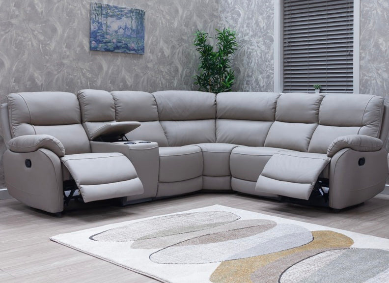 Pandora Half-Leather Six Piece Modular Corner Sofa – Luxury Corner Sofa in Pearl Grey W/Drinks & Charging Console