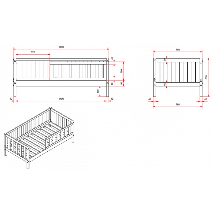 PEUTERBED 70 Toddler Bed – Grey with Extra High Sides 70 x 140 cm (VIP)