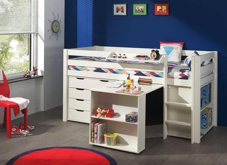 Pino White Mid-Sleeper W/Bookcase, Desk & Chest