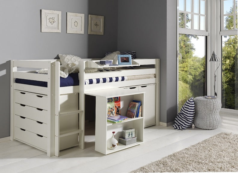 Pino White Mid-Sleeper W/Cupboard, Desk & Chest