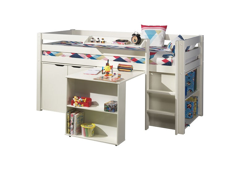 Pino White Mid-Sleeper W/Cupboard, Desk & Bookcase