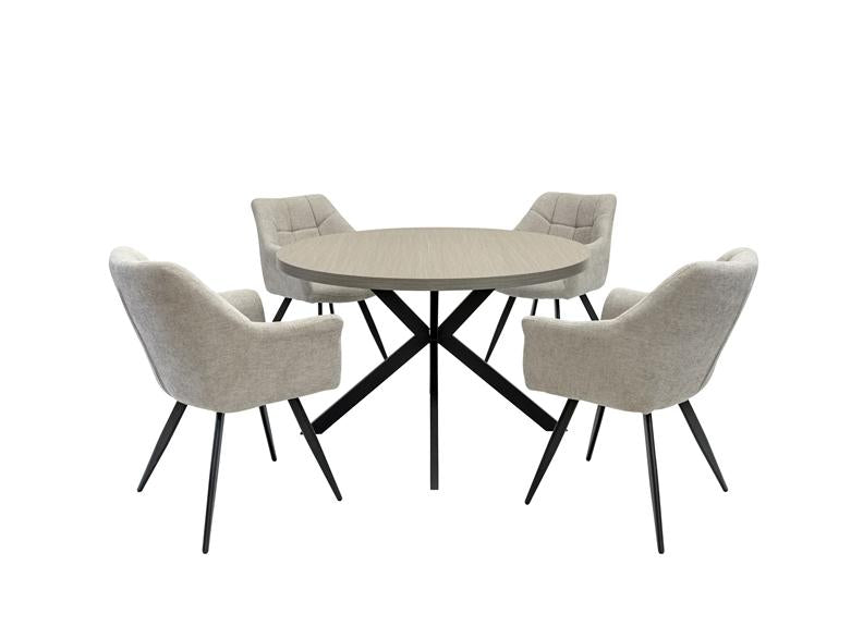 Russo Round Dining Set – Light Grey Wood Effect Table With Four Poppy Fabric Chairs