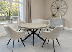 Russo Round Dining Set – Light Grey Wood Effect Table With Four Poppy Fabric Chairs