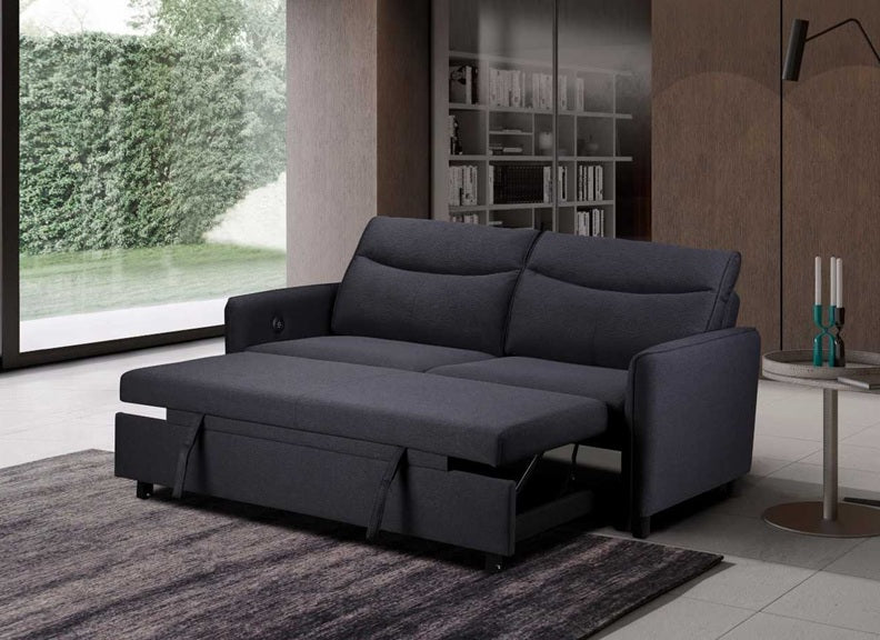Sheila Grey Fabric Sofa Beds - Compact Two Seat Sofas With Pull-Out Bed & Adjustable Headrests
