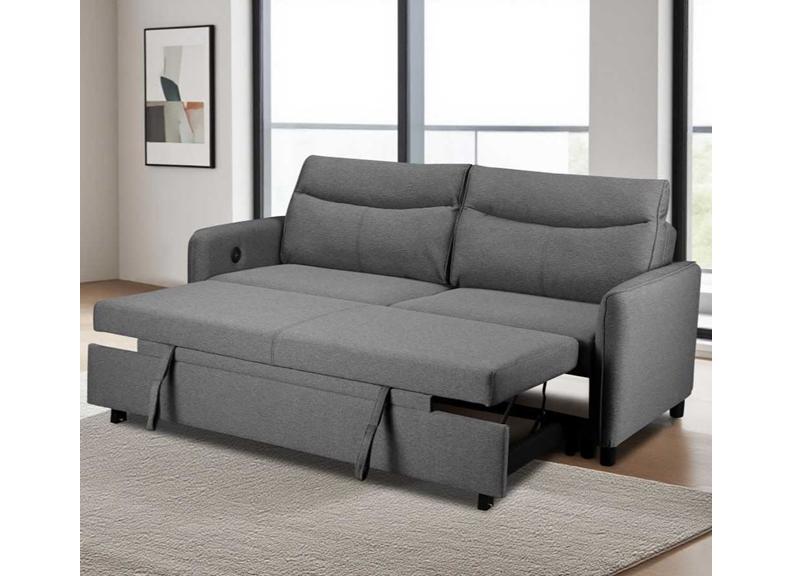 Sheila Grey Fabric Sofa Beds - Compact Two Seat Sofas With Pull-Out Bed & Adjustable Headrests