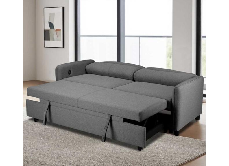Sheila Grey Fabric Sofa Beds - Compact Two Seat Sofas With Pull-Out Bed & Adjustable Headrests