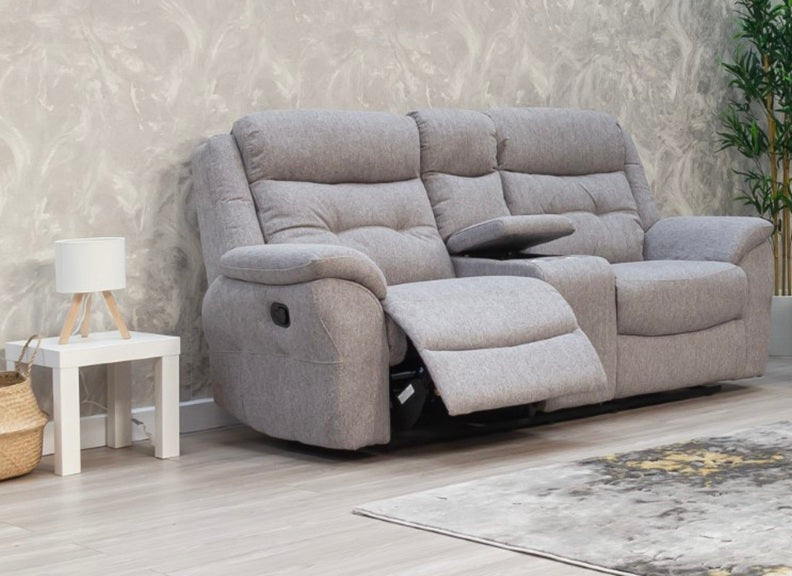 Shelby Grey Fabric Recliner 2RR Sofa With Console With Cup Holders & Storage Box
