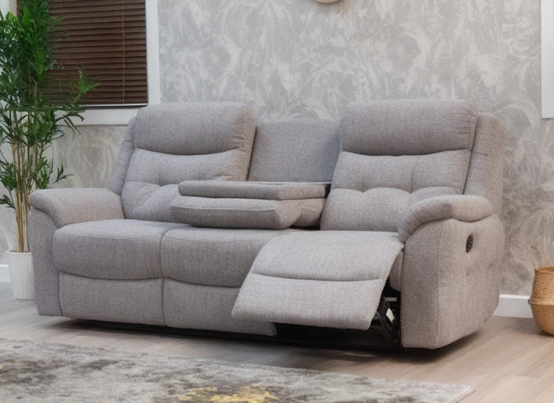 Shelby Grey Fabric Reclining 3RTR+RR Sofa Group In Pale Grey Fabric With Drop Down Tray