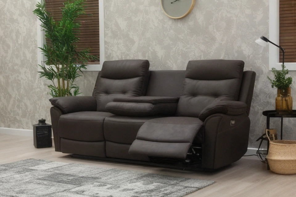 Skye Charcoal Electric Reclining Three Seat Sofa with Drop Down Tray – Contemporary Living Room Fabric Couch