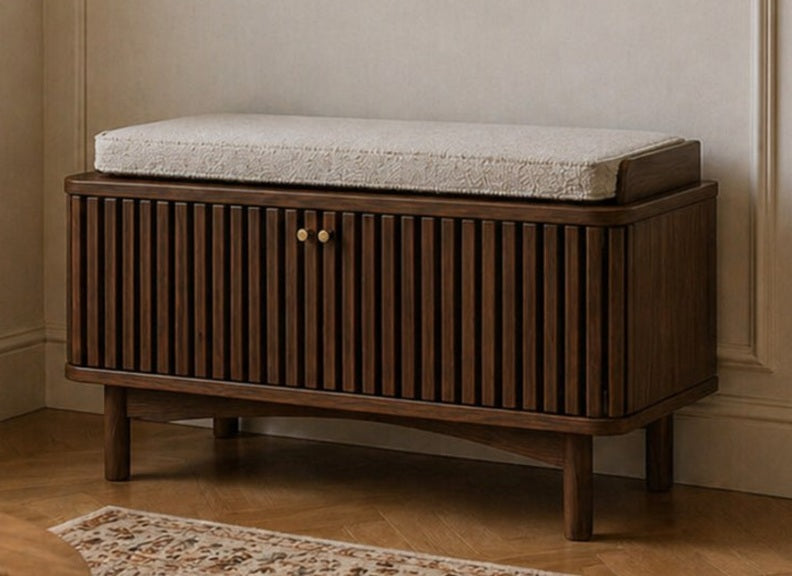 Soho Brown Hallway Bench - Brown Wood Slatted Body With Fabric Seat
