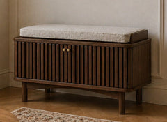 Soho Brown Hallway Bench - Brown Wood Slatted Body With Fabric Seat