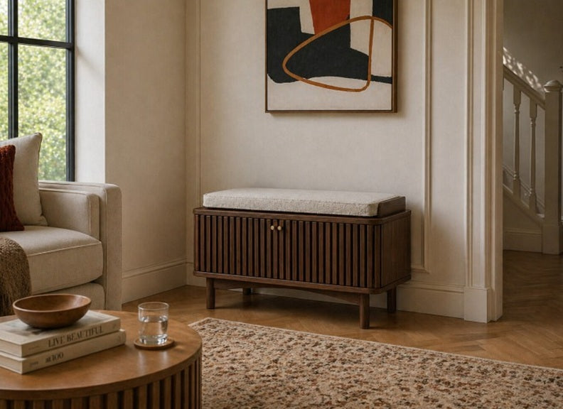 Soho Brown Hallway Bench - Brown Wood Slatted Body With Fabric Seat