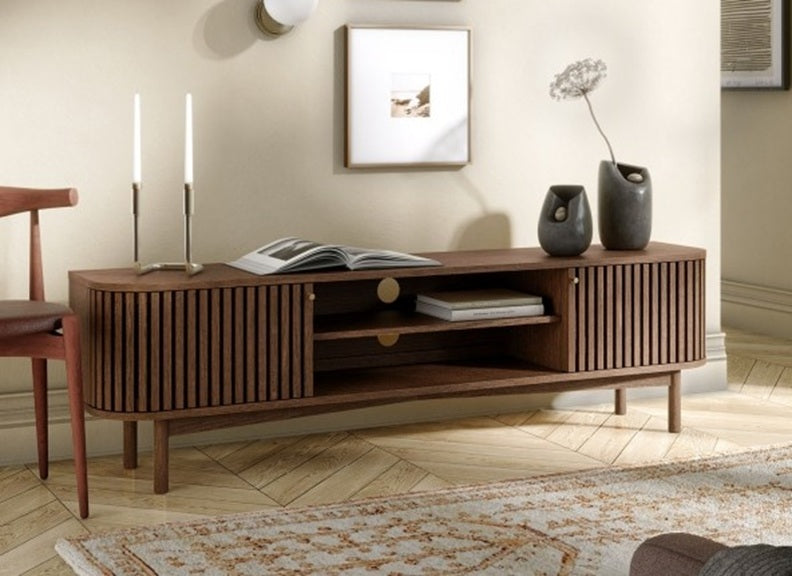 Soho Brown Large TV Stand - Brown Wood Slatted Body With End Cupboards