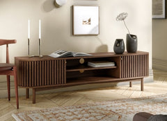 Soho Brown Large TV Stand - Brown Wood Slatted Body With End Cupboards