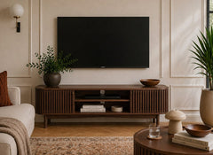 Soho Brown Large TV Stand - Brown Wood Slatted Body With End Cupboards