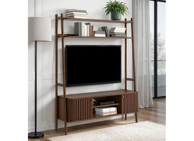 Soho Brown 1.65 m Ladder TV Unit - Brown Wood Slatted Body With End Cupboards (Pre-Order Only)