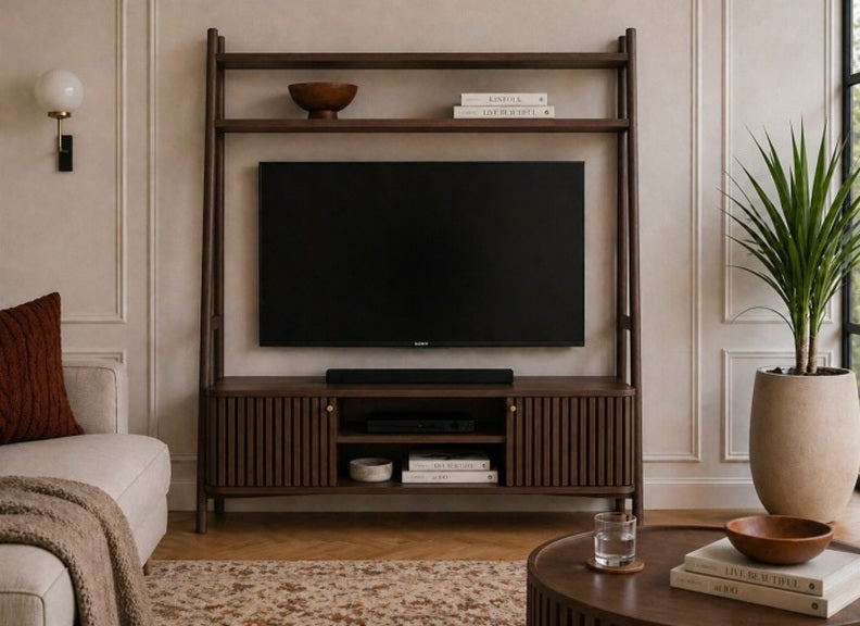 Soho Brown 1.37 m Ladder TV Unit - Brown Wood Slatted Body With End Cupboards