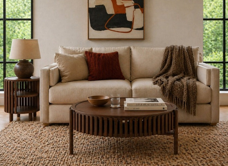 Soho Brown Story Coffee Table - Brown Wood Slatted Body With Door
