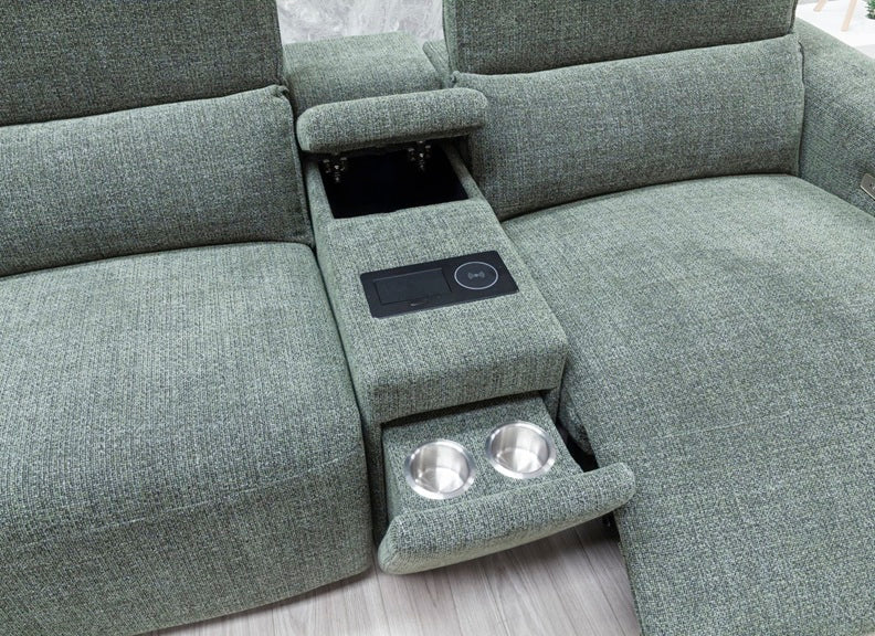 Tempo Green Fabric Modular Sofa with Charging Console, Cup Holders & Footstool – Modern Corner Lounge Suite