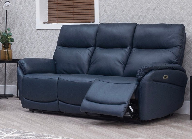Torino Half-Leather Powered Three Seat Sofa – Luxury Electric Recliner Chair In Navy