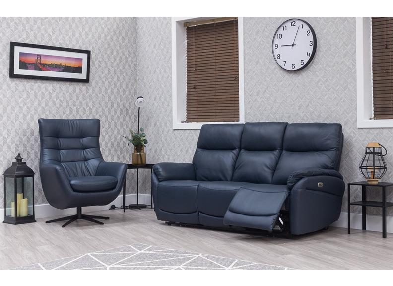 Torino Half-Leather Powered Sofa & Orbit Swivel Chair – Luxury Electric Sofa Group In Navy