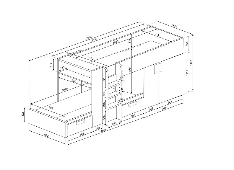 Trasman White Bunk Bed - dimensions