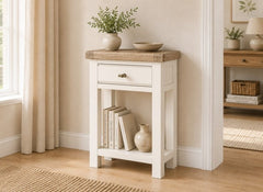 Windsor Telephone Table With Drawer - Rustic Country Style Occasional Furniture With A Coconut White Frame & Oak Top –  (GLH)