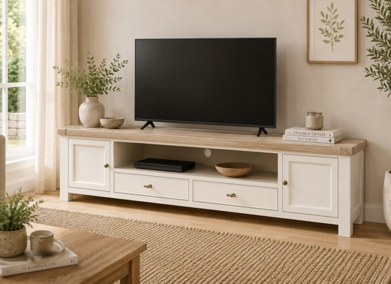 Windsor 2.1 m Rectangular TV Stand - Rustic Country Style Occasional Furniture With A Coconut White Frame & Oak Top –  (GLH)