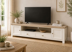 Windsor 2.1 m Rectangular TV Stand - Rustic Country Style Occasional Furniture With A Coconut White Frame & Oak Top –  (GLH)